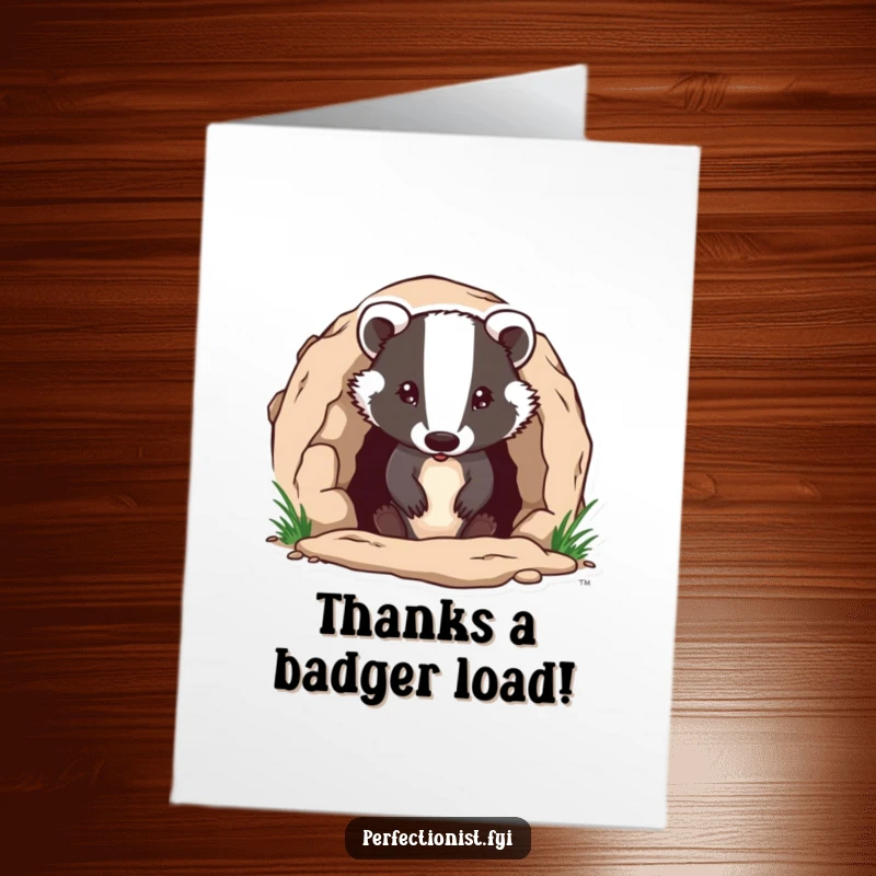 Funny Free Printable Badger Thank You Card: A diligent badger thanks you with a meticulously maintained burrow entrance.