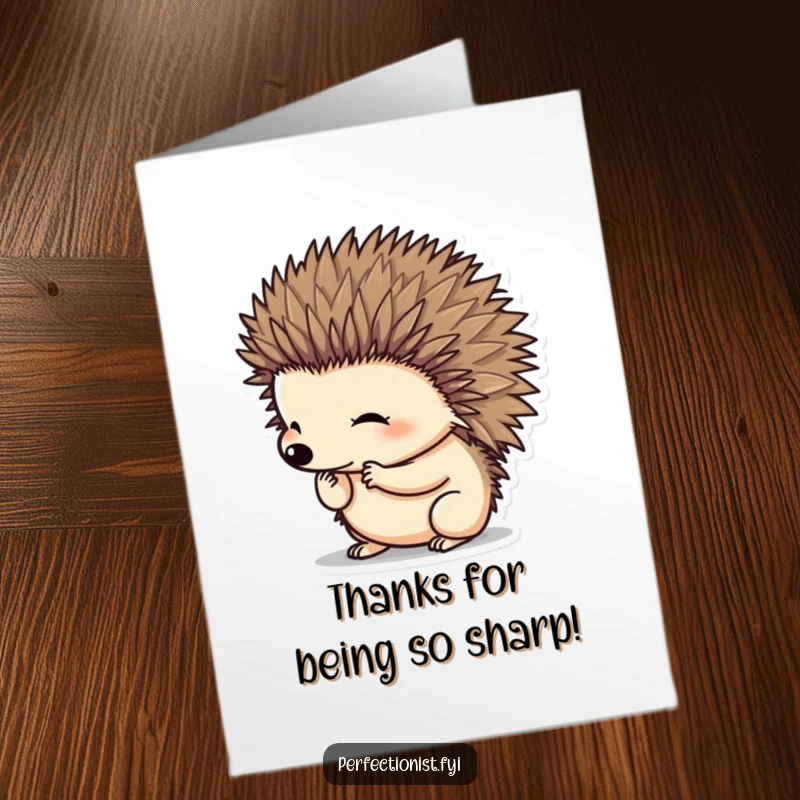 Funny Free Printable Hedgehog Thank You Card: A neat hedgehog expresses thanks with perfectly combed spines and a smile.