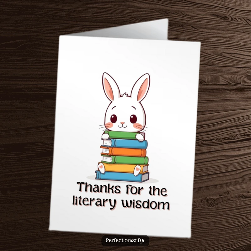 Funny Free Printable Thank You Card with a precise rabbit organizing a book stack, showing gratitude.