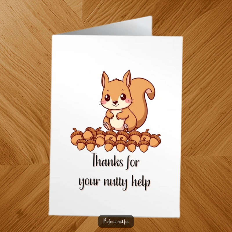 Funny Free Printable Thank You Card with a precise squirrel creating a perfect row of acorns, showing thanks.
