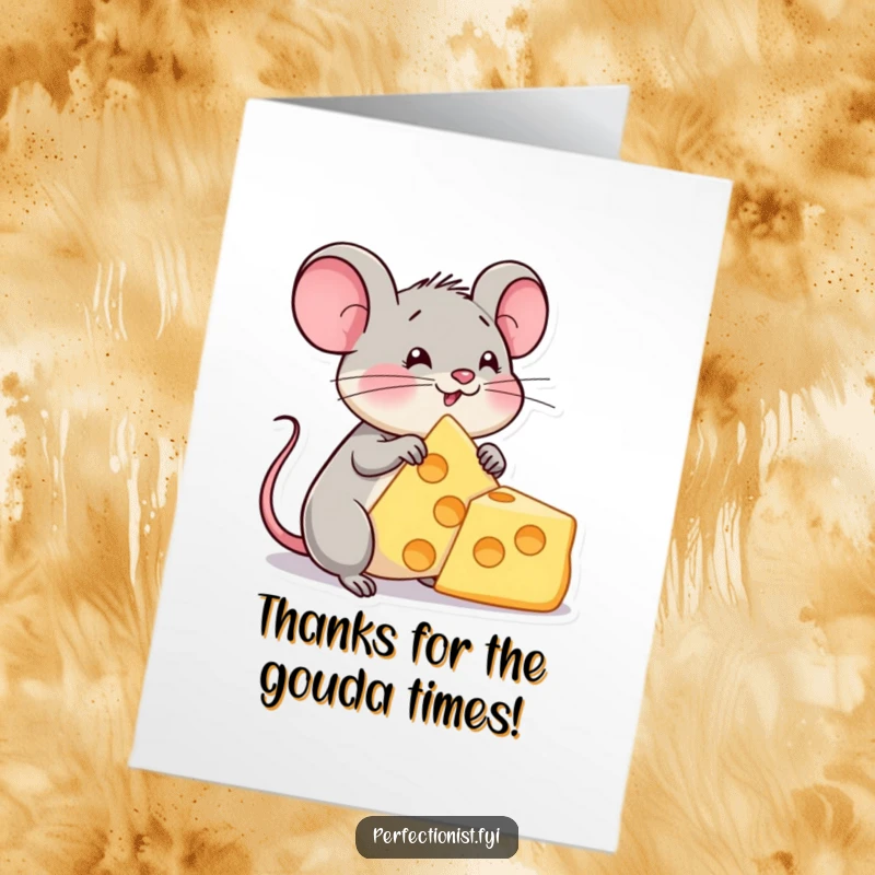 Funny Free Printable Thank You Card: Grateful mouse shows thanks with a beloved cheese triangle, perfect for expressing gratitude.