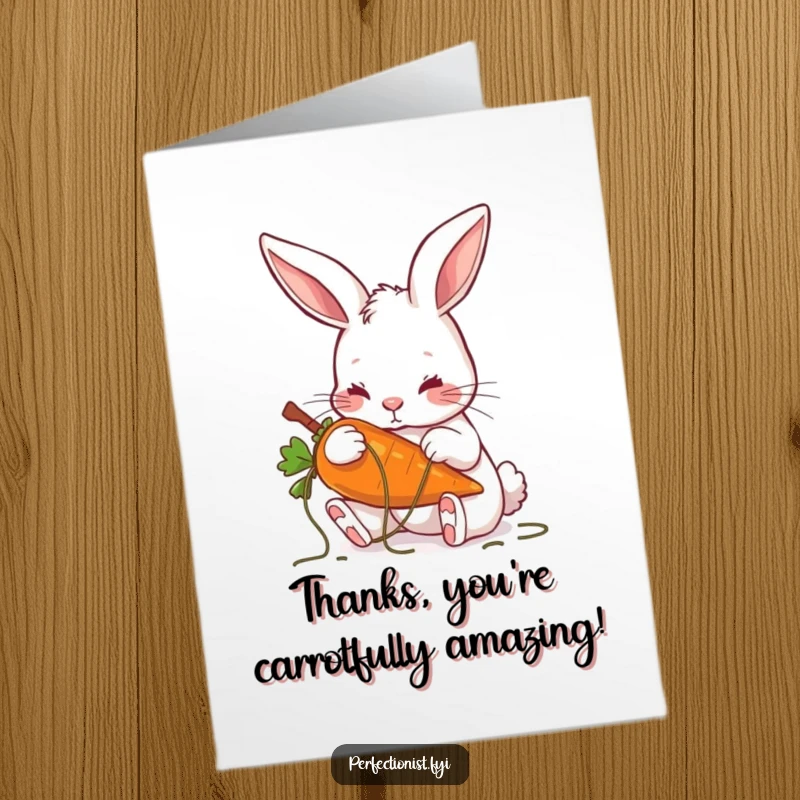 Funny Free Printable Thank You Card of a rabbit meticulously grooming a carrot, expressing thanks with humor and detail.