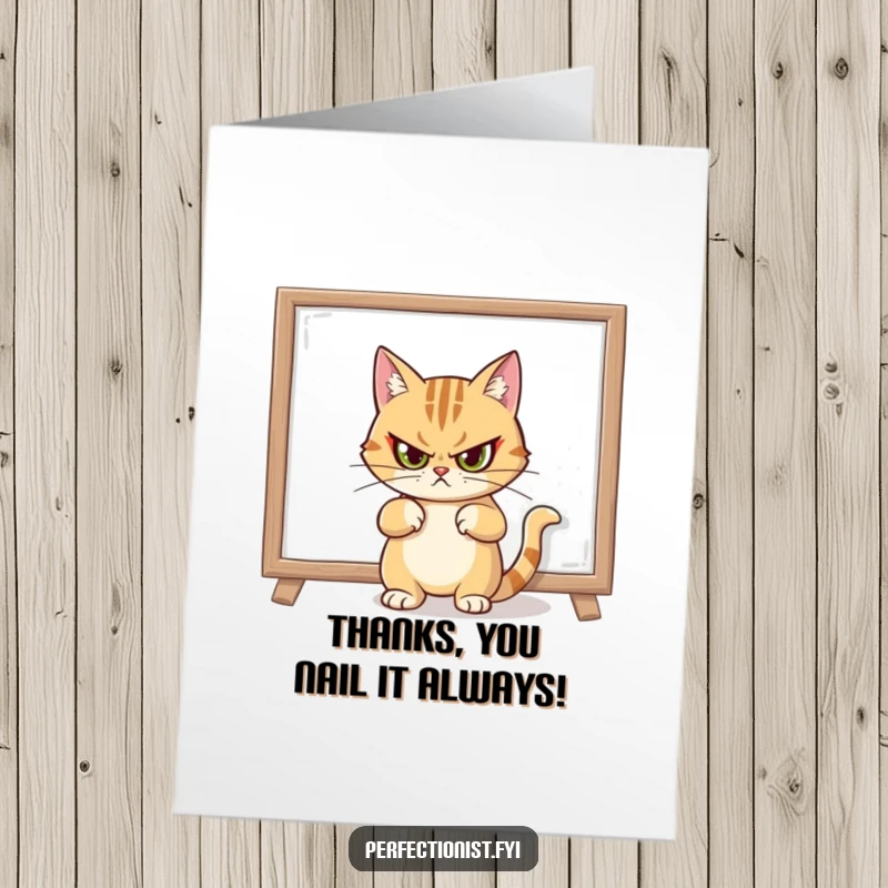 Funny Free Printable Thank You Card featuring a cat with a stern expression after fixing a crooked painting, conveying thanks with authority.