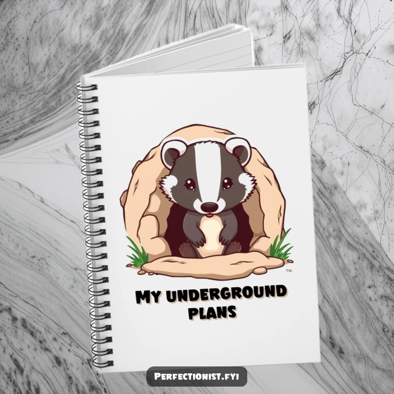 Funny badger character meticulously ensuring its burrow entrance is flawless on a notebook cover, ideal for diligent note-taking and as a funny gift.