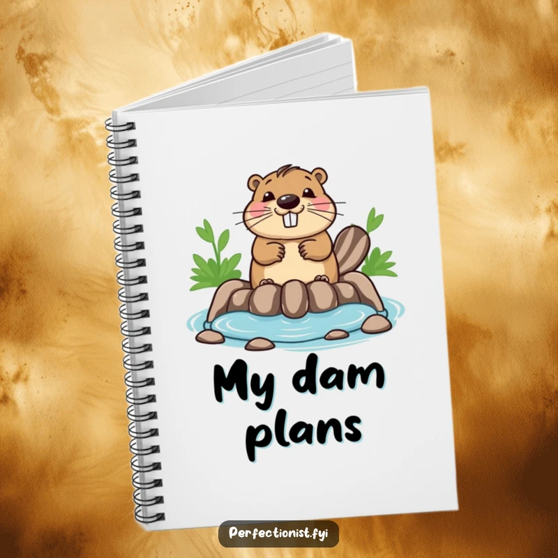 Funny beaver notebook featuring a happy beaver ensuring its dam is perfectly symmetrical, ideal for jotting down notes with a focus on order.