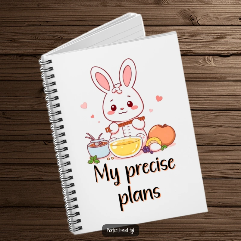 Funny Kawaii rabbit notebook cover, a rabbit meticulously measuring ingredients, inspiring accurate note-taking.