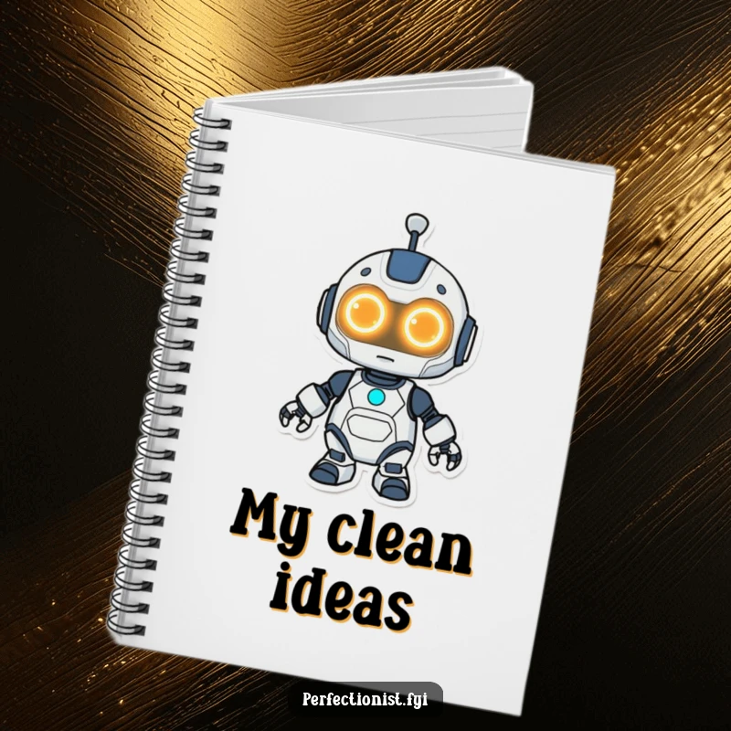 Funny Kawaii robot notebook cover, a robot with glowing eyes meticulously cleaning, inspiring orderly note-taking.