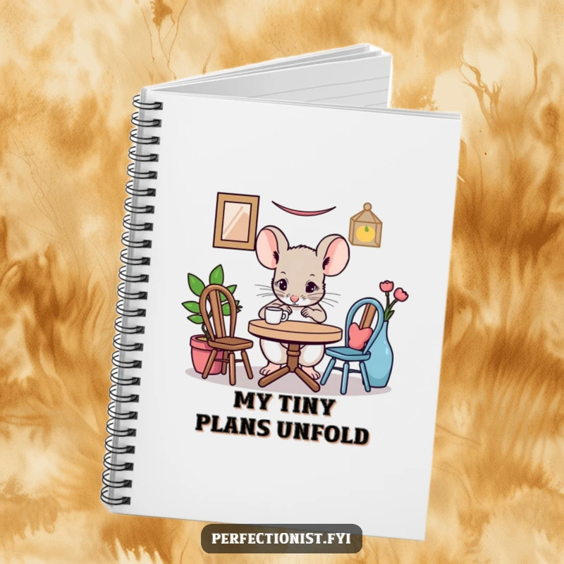 Funny mouse notebook with a character meticulously adjusting a miniature table setting, inspiring neat note-taking and organized thoughts for detailed minds.