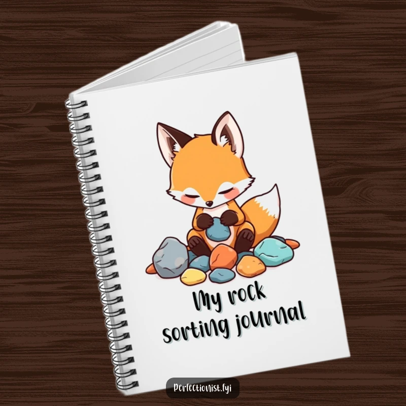 Funny notebook cover with a playful fox sorting rocks by color and texture, a humorous item for note-taking.