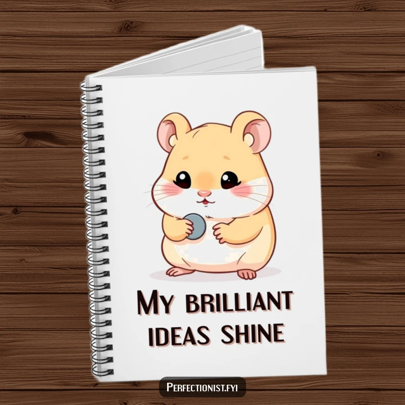 Funny hamster notebook with a character meticulously polishing a single, tiny button, inspiring neat note-taking and organized thoughts for detailed minds.