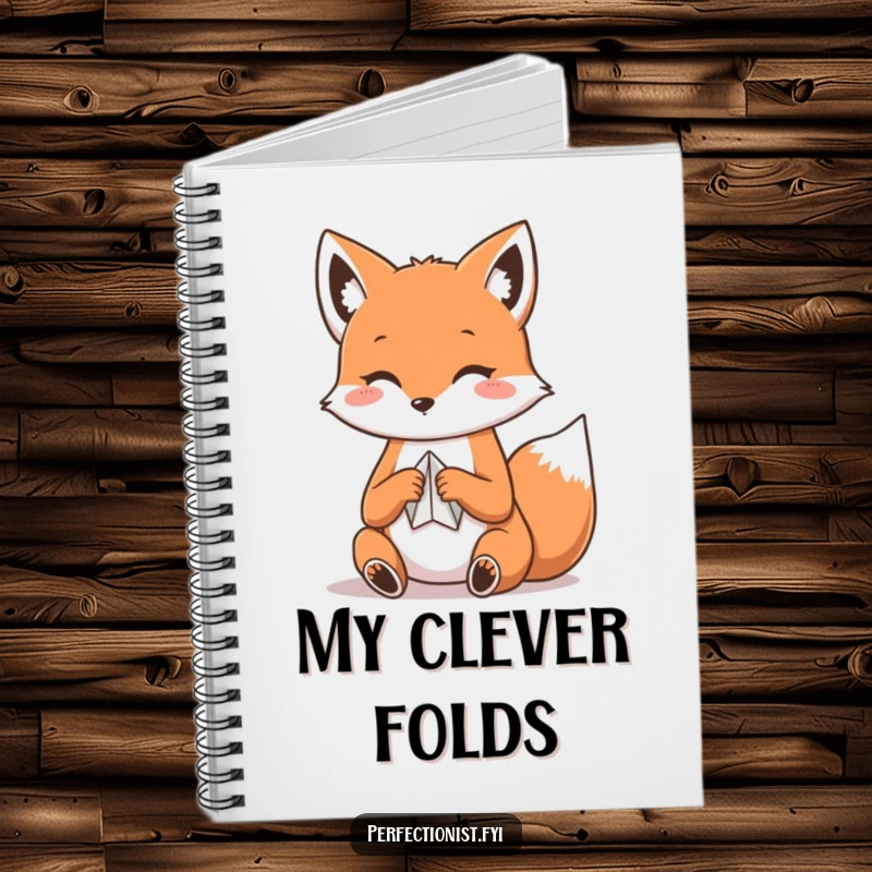 Funny Kawaii fox notebook cover, a fox carefully folding paper, inspiring precise note-taking.