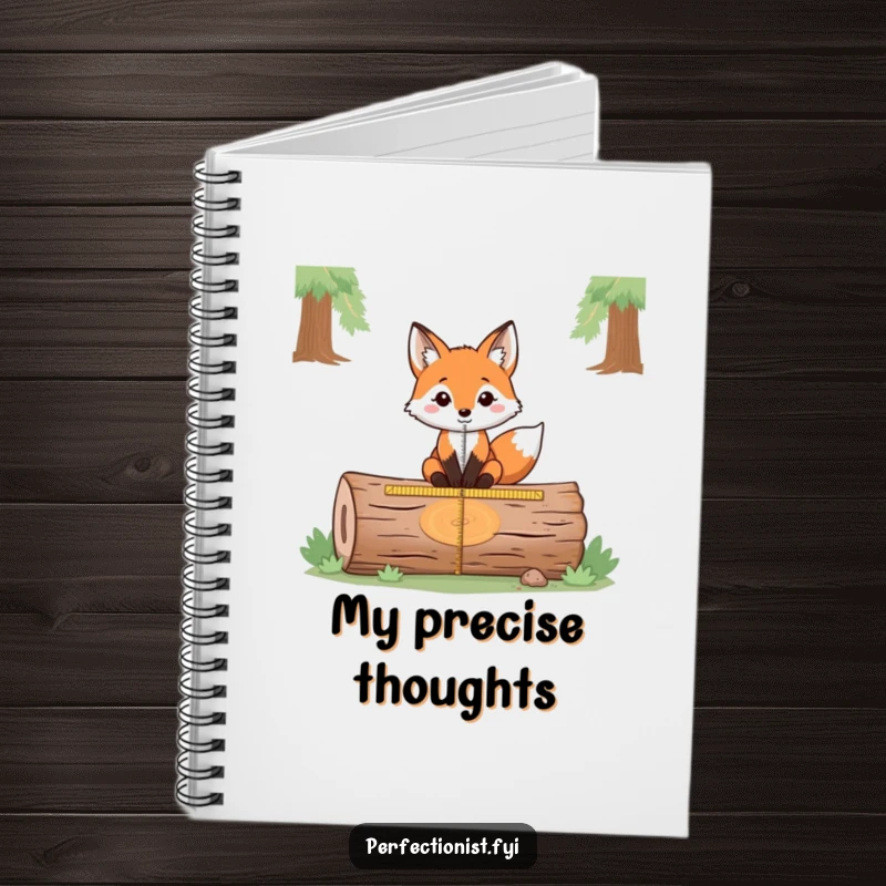 Funny notebook with a fox precisely measuring the exact center of a fallen log, designed for organized planning and a humorous reminder of keen observation.