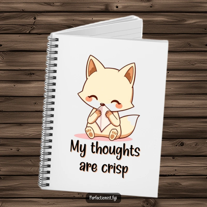 Funny fox notebook with a character neatly folding a tiny handkerchief, inspiring organized thoughts and meticulous note-taking for creative minds.