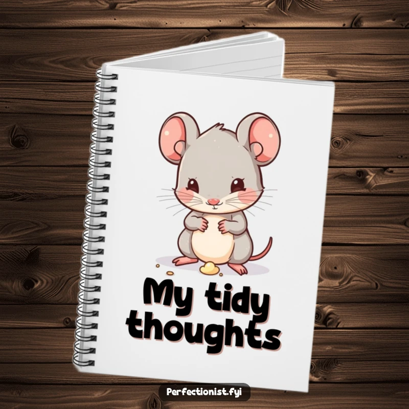 Funny Kawaii mouse character on a notebook, humorously cleaning a tiny speck of dirt from the page, inspiring neat note-taking.