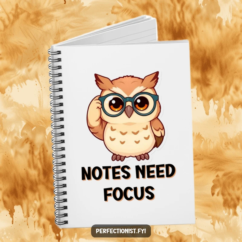 Funny owl notebook featuring a curious owl adjusting its spectacles, ideal for jotting down notes with a wise and humorous feel.