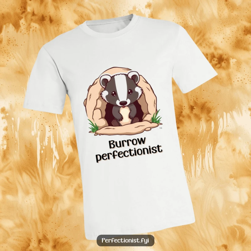 Funny badger character precisely ensuring its burrow entrance is flawless on a t-shirt, an illustration of diligence and humor for a great funny gift.