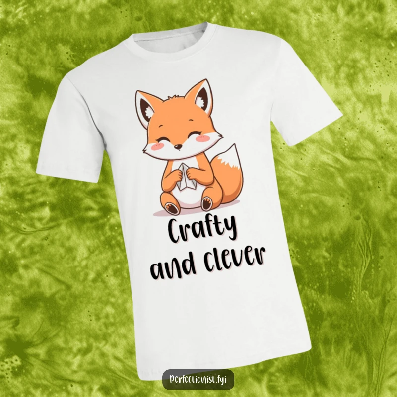 Funny Kawaii fox t-shirt, a cute fox meticulously folding a piece of paper, engaged in origami.