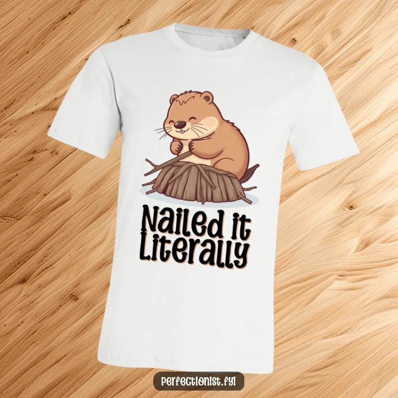 Funny t-shirt featuring a diligent beaver smoothing dam twigs to exact equal lengths, highlighting its comical quest for perfect order and construction.