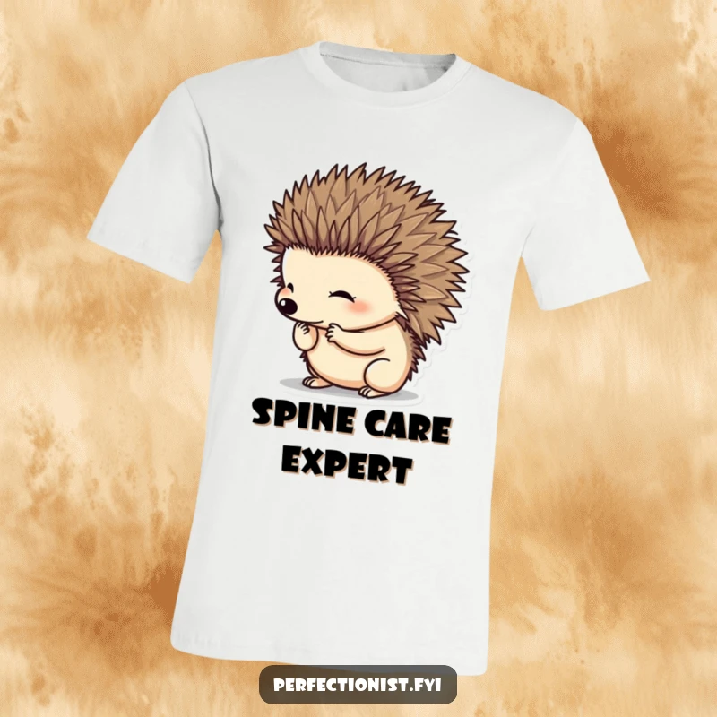 Funny hedgehog character precisely grooming its spines on a t-shirt, an illustration of tidiness and humor for a great funny gift.