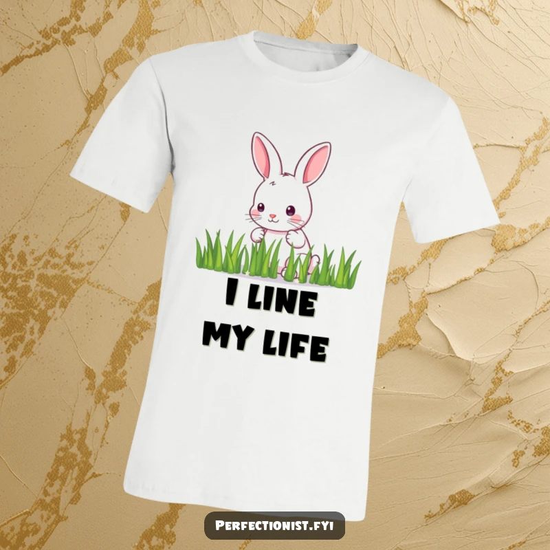 Funny T-Shirt: A meticulous bunny carefully arranges individual blades of grass in a straight line, showcasing a humorous obsession with order.