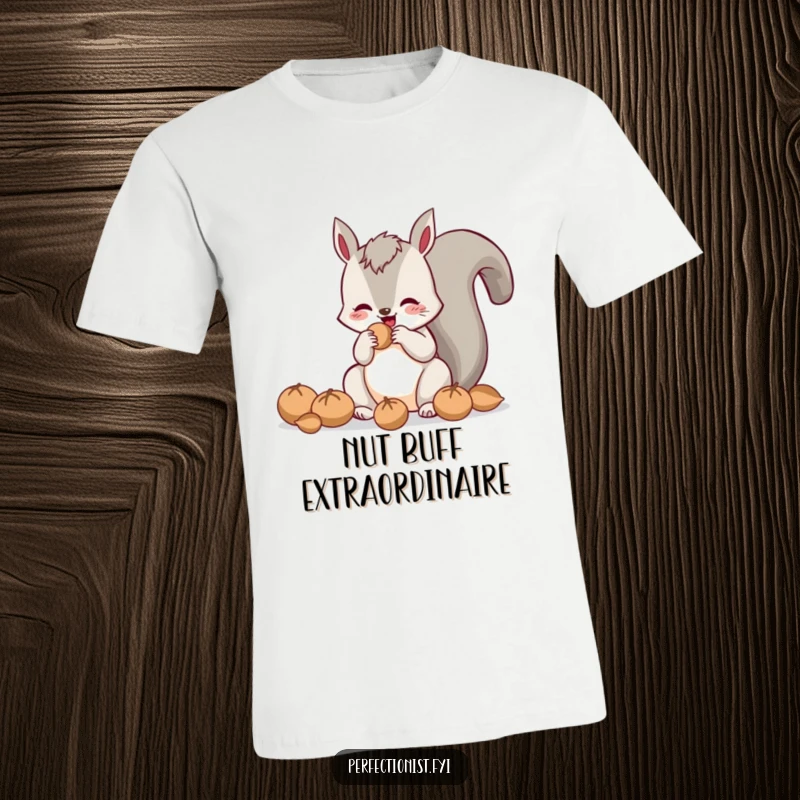 Funny t-shirt showcasing a cheerful squirrel intensely polishing each nut until it gleams, a humorous look at dedication and sparkle.