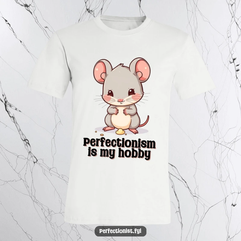 Funny Kawaii mouse character on a t-shirt, obsessively dusting a minuscule speck of dirt, embodying extreme tidiness with a humorous touch.