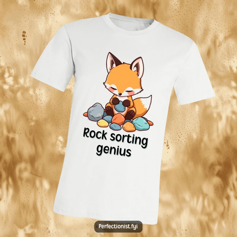 Funny t-shirt showcasing a playful fox meticulously arranging stones by hue and feel, a humorous look at collecting.