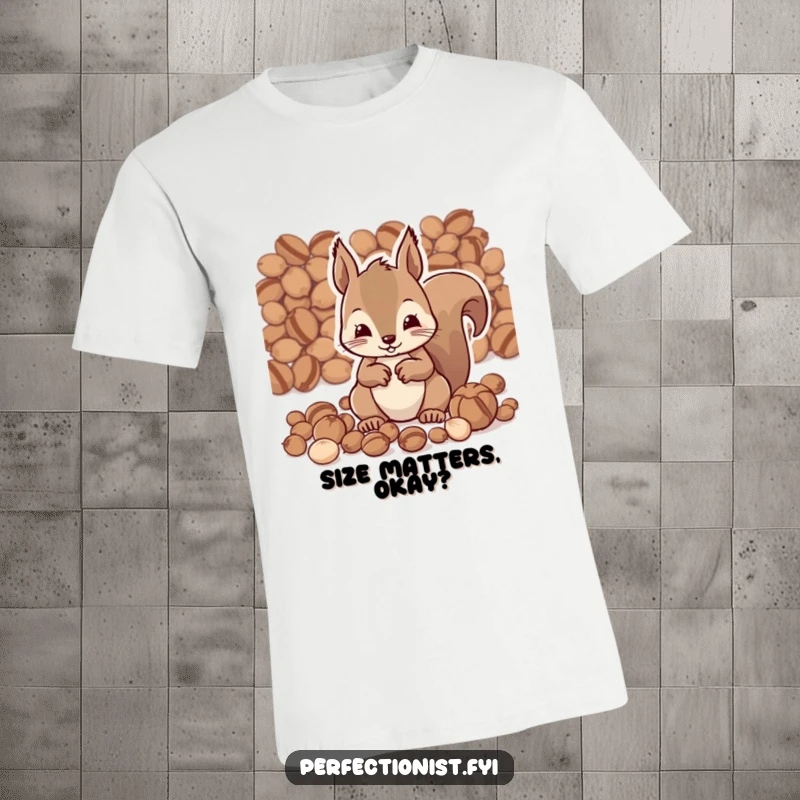Funny t-shirt showcasing a diligent squirrel character meticulously organizing nuts by size, perfect for amusing conversations and expressing a love for order.