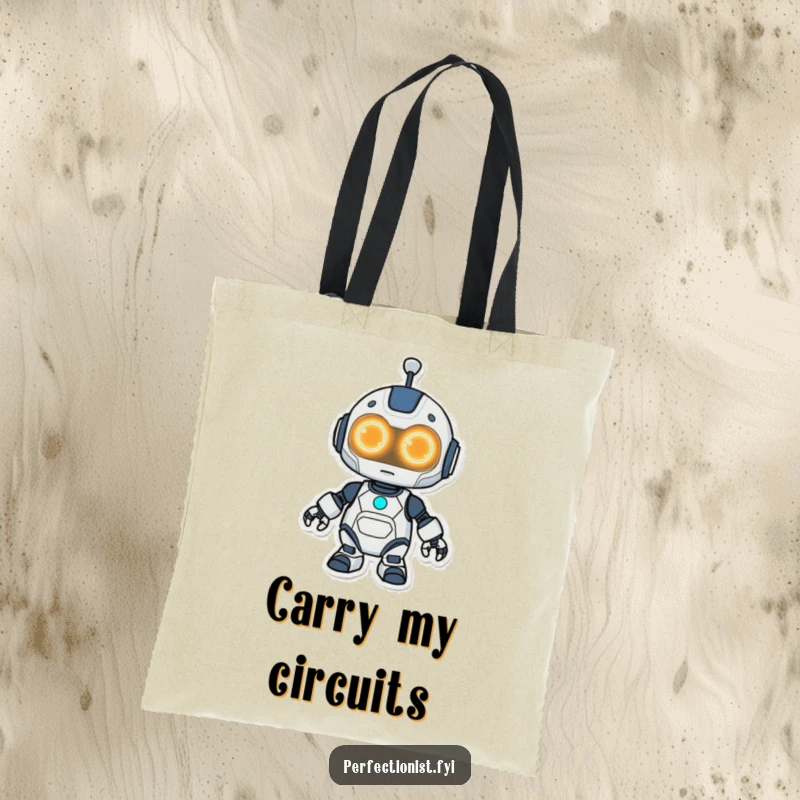 Funny Kawaii robot tote bag, a cute robot with glowing eyes cleaning a surface, ready for errands.