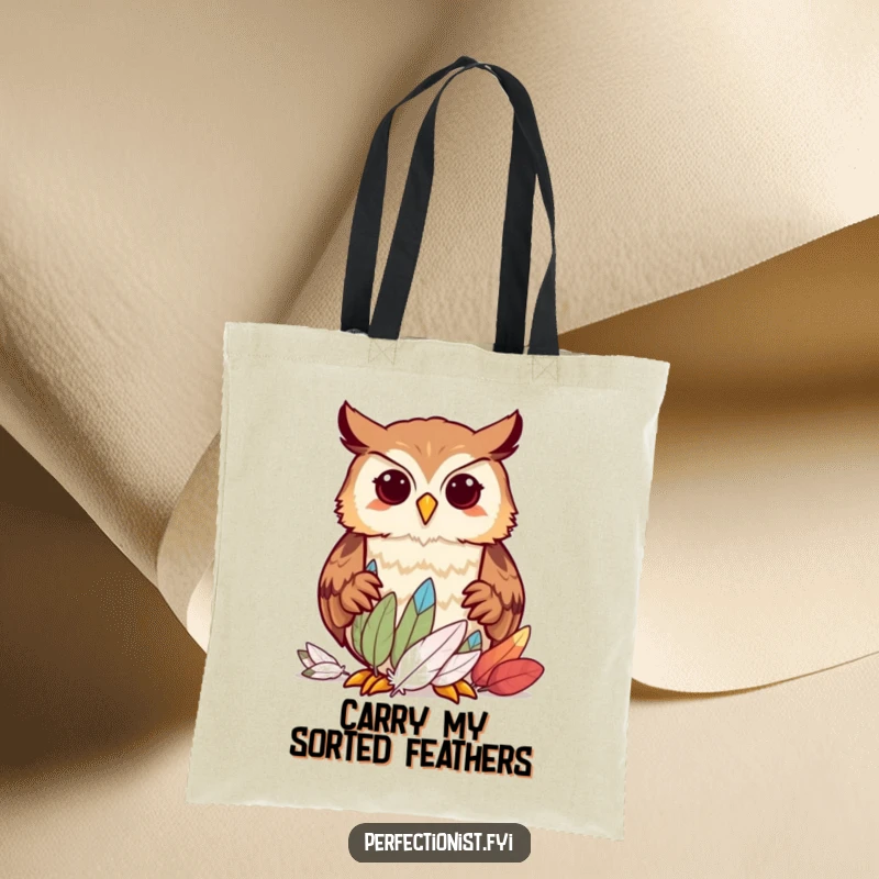 Funny owl character precisely sorting feathers by size on a tote bag, a humorous and functional accessory for organized people.