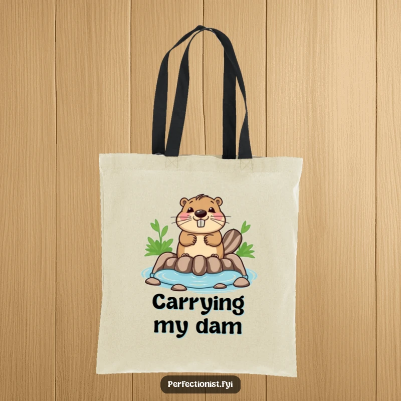 Funny beaver tote bag showing a happy beaver ensuring its dam is perfectly symmetrical, perfect for carrying items with order.