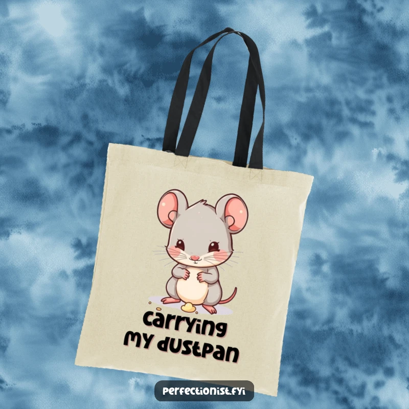 Funny Kawaii mouse character on a tote bag, cleaning a tiny speck of dirt, symbolizing meticulousness with a humorous and adorable design.