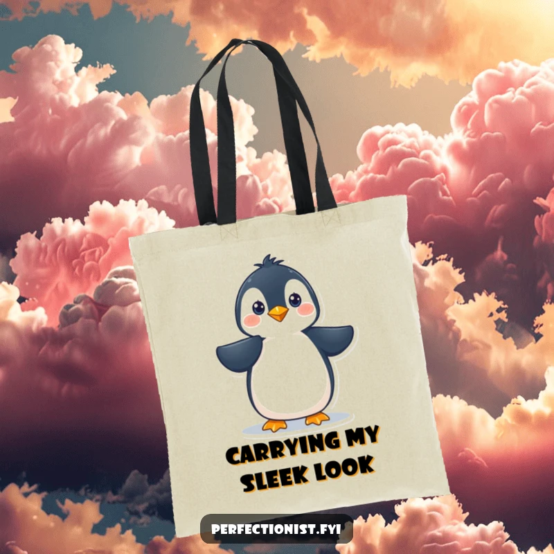 Funny penguin character precisely smoothing its feathers on a tote bag, a humorous and functional accessory for polished people, a funny gift.