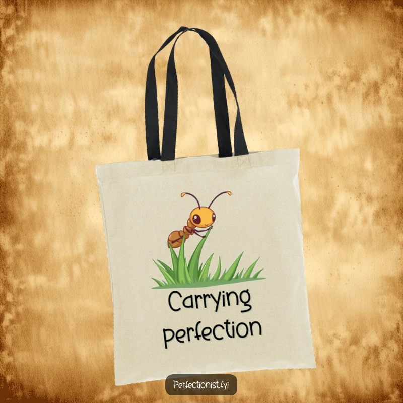 Funny ant tote bag showing a diligent ant meticulously straightening a blade of grass, perfect for carrying items with precision.