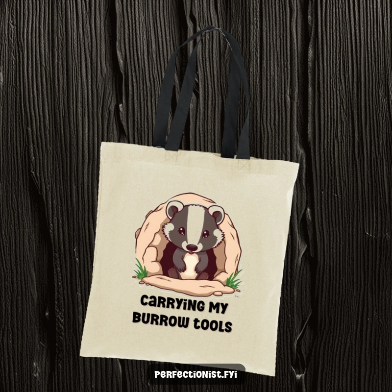 Funny badger character precisely ensuring its burrow entrance is flawless on a tote bag, a humorous and functional accessory for diligent people, a funny gift.