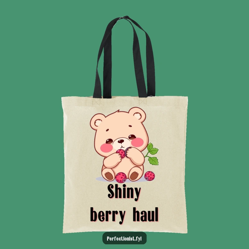 Funny Bear Berry Tote Bag: Carry your essentials with a focused bear and its shiny berry, a perfect funny gift.