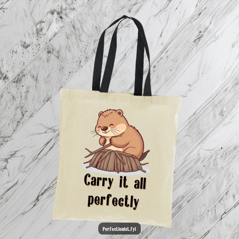 Funny tote bag displaying a beaver meticulously smoothing dam twigs to uniform lengths, symbolizing extreme attention to detail and a humorous approach to work.