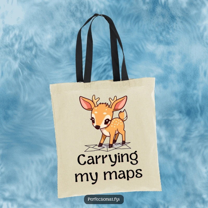 Funny deer tote bag showcasing a focused character planning a geometric pathway, perfect for carrying items with a message of organization.