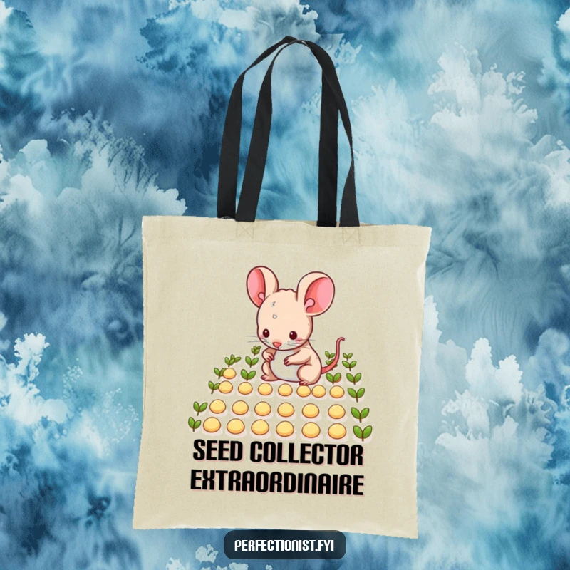 Funny mouse character precisely arranging tiny seeds in neat rows on a tote bag, a humorous and functional accessory for tidy people, a funny gift.