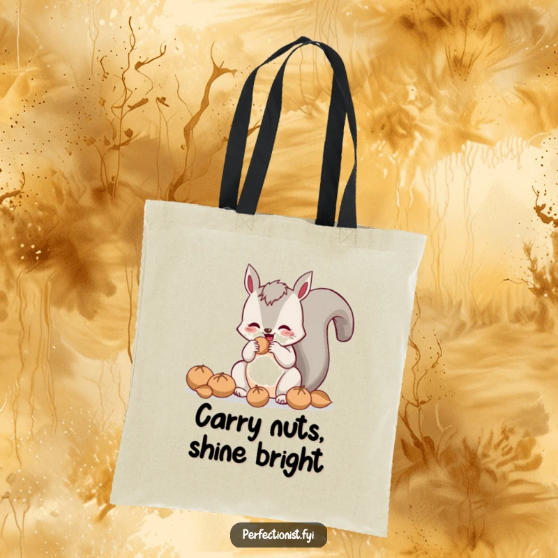 Funny tote bag with a cheerful squirrel polishing nuts with dedication, illustrating a humorous take on thoroughness and shine.