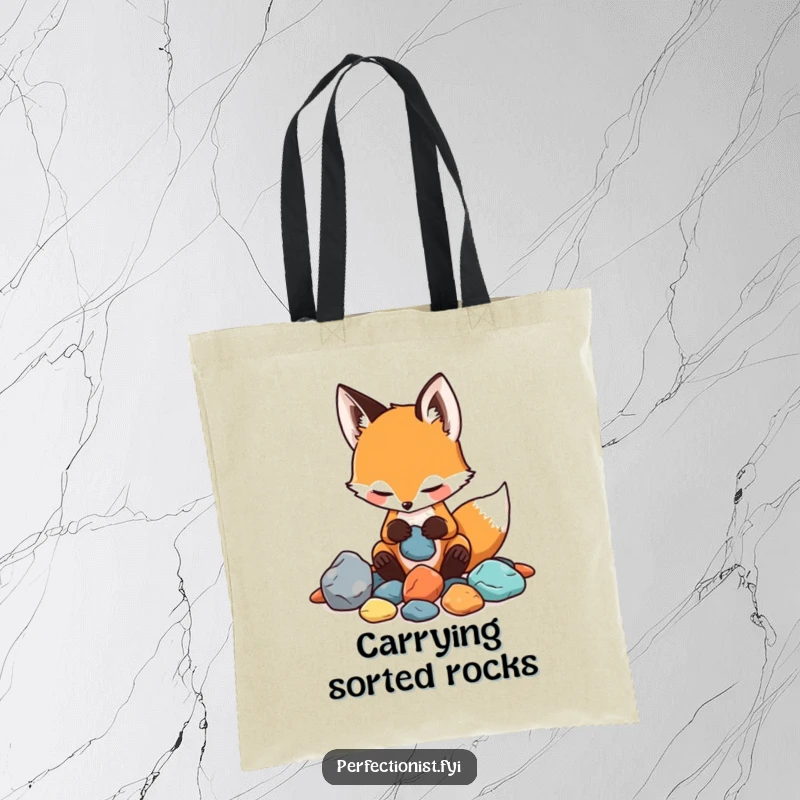 Funny tote bag with a playful fox meticulously sorting rocks by shade and texture, a humorous illustration of order.